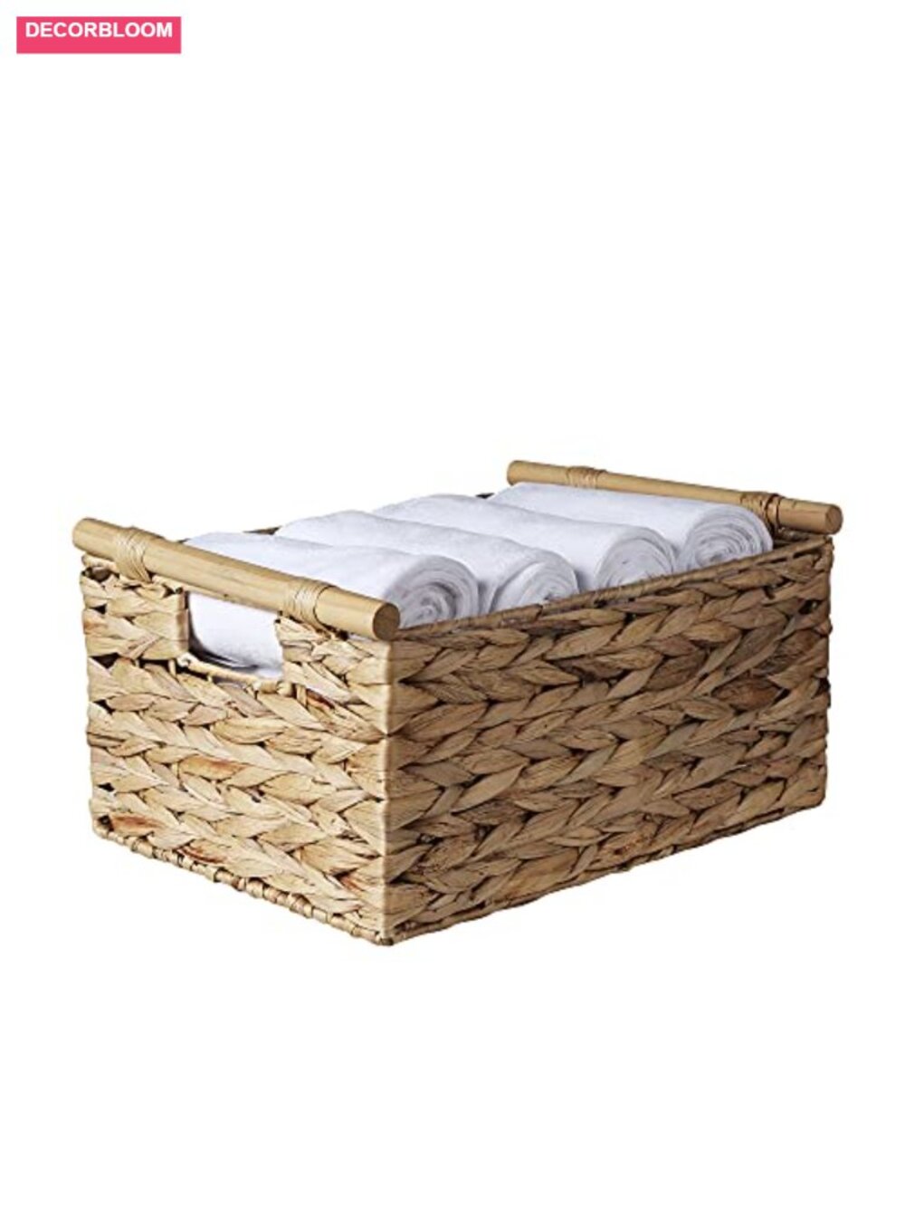 Woven Water Hyacinth Storage Basket with Wooden Handles